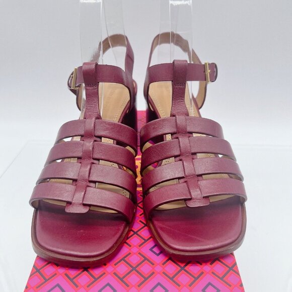 TORY BURCH FISHERMAN BLOCK HEEL SANDALS Claret Red Leather Womens US 6.5 - Picture 4 of 10